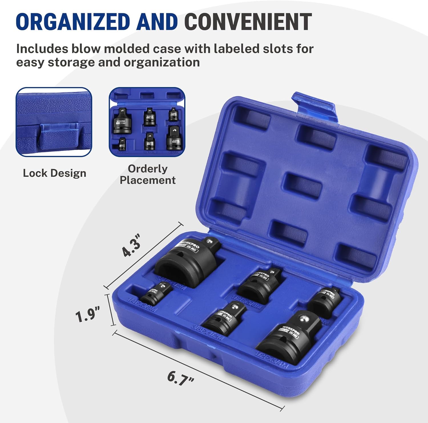 Blow-molded blue case holding an organized set of black impact adapters and reducers