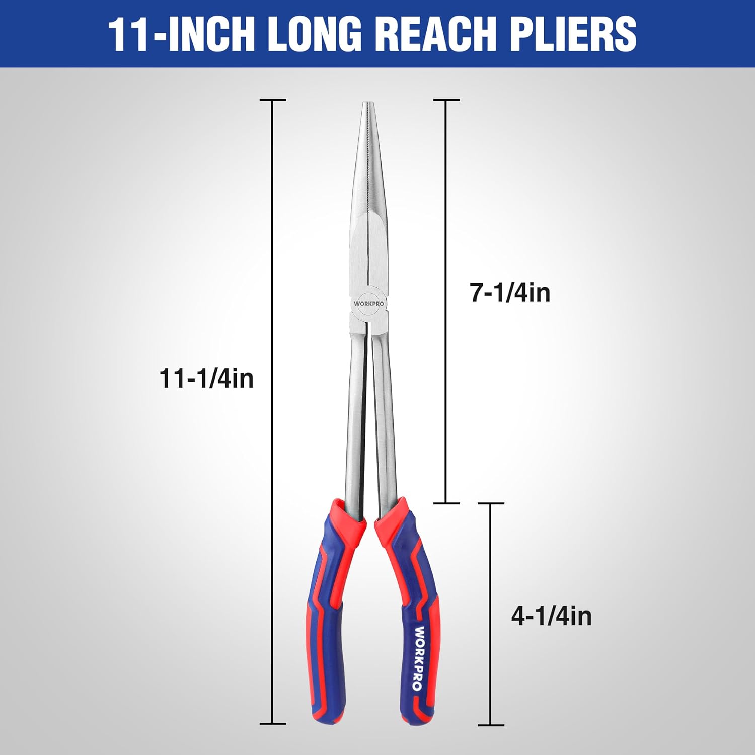11-inch extra long needle nose pliers with slim tapered tips and soft grip handles