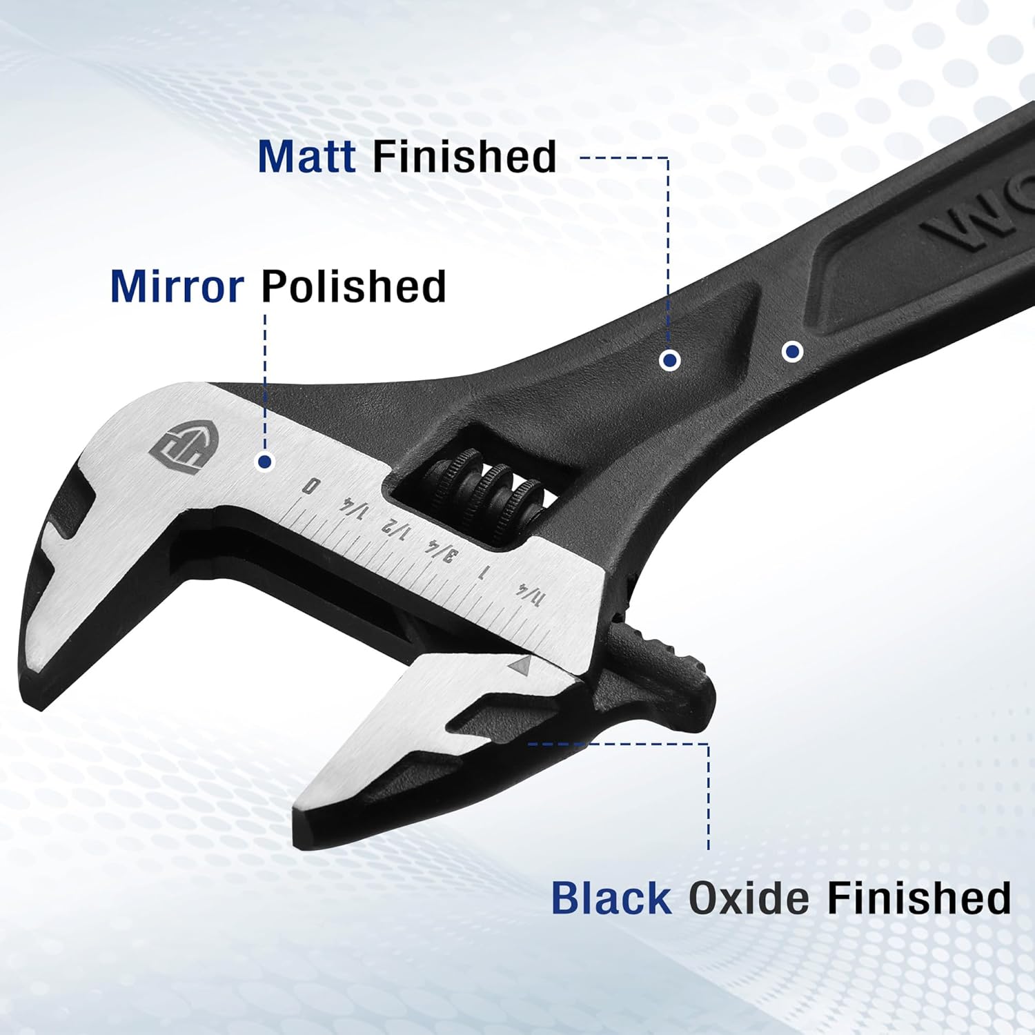Adjustable wrench with matte handle and mirror-polished jaw contact surfaces