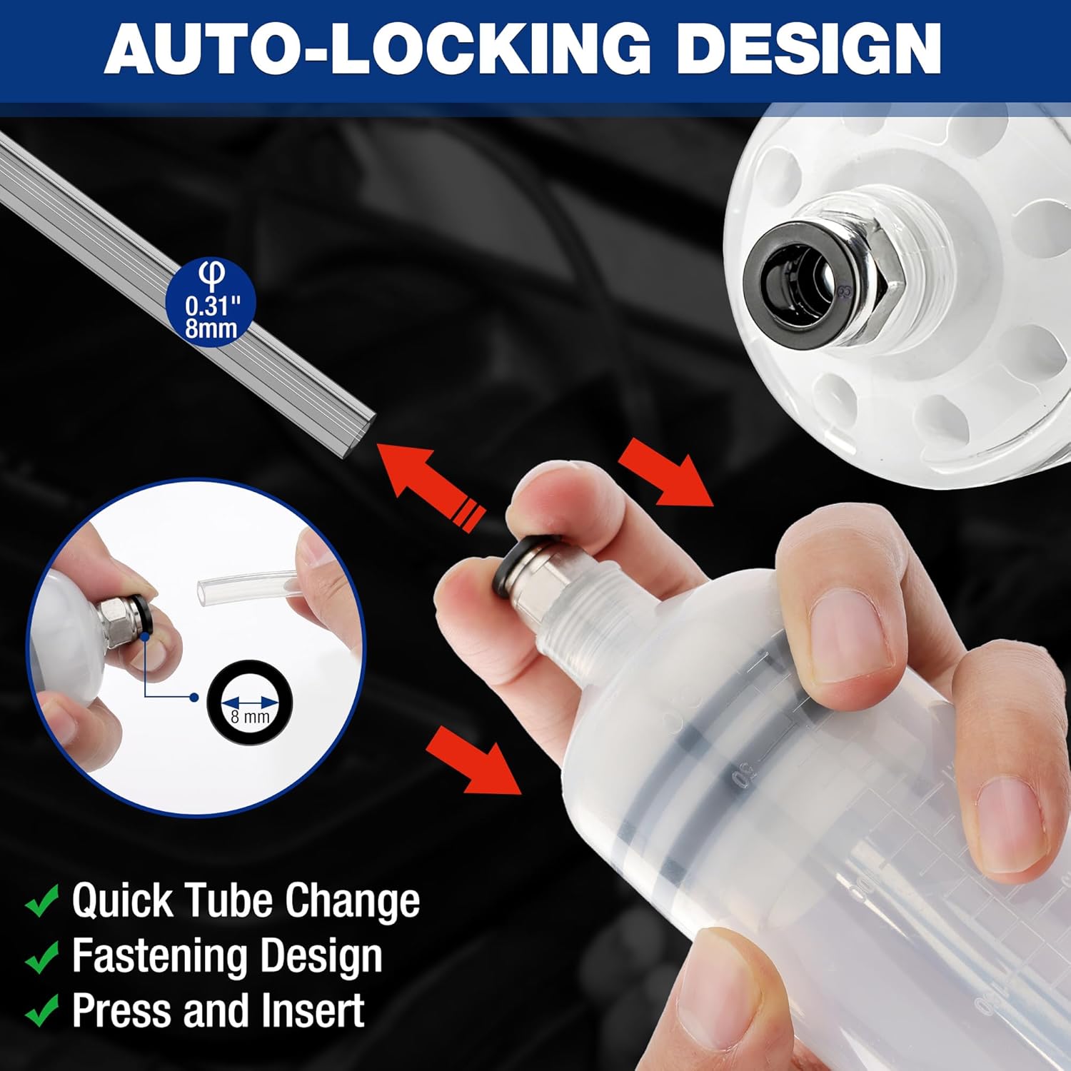 Manual oil suction syringe with auto-locking tube fitting and quick tube change design