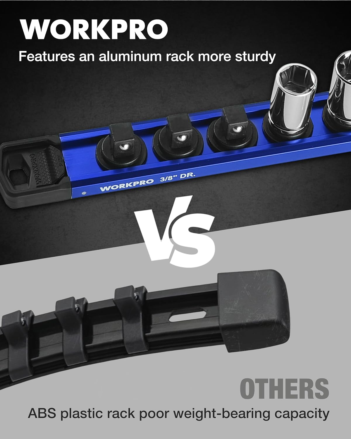 Blue aluminum socket holder rack with black clips and 3/8in drive socket openings