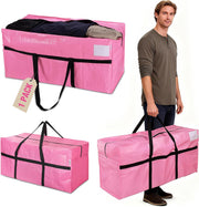Pink heavy-duty moving storage bag with black handles and zip closure, 66-gallon