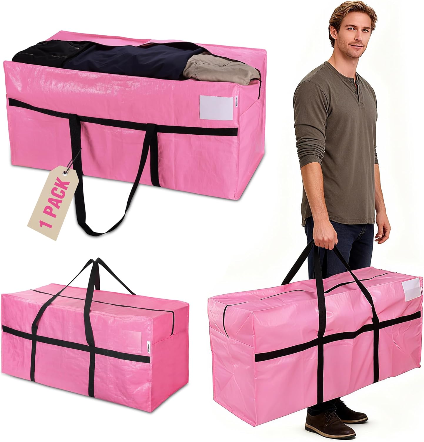 Pink heavy-duty moving storage bag with black handles and zip closure, 66-gallon