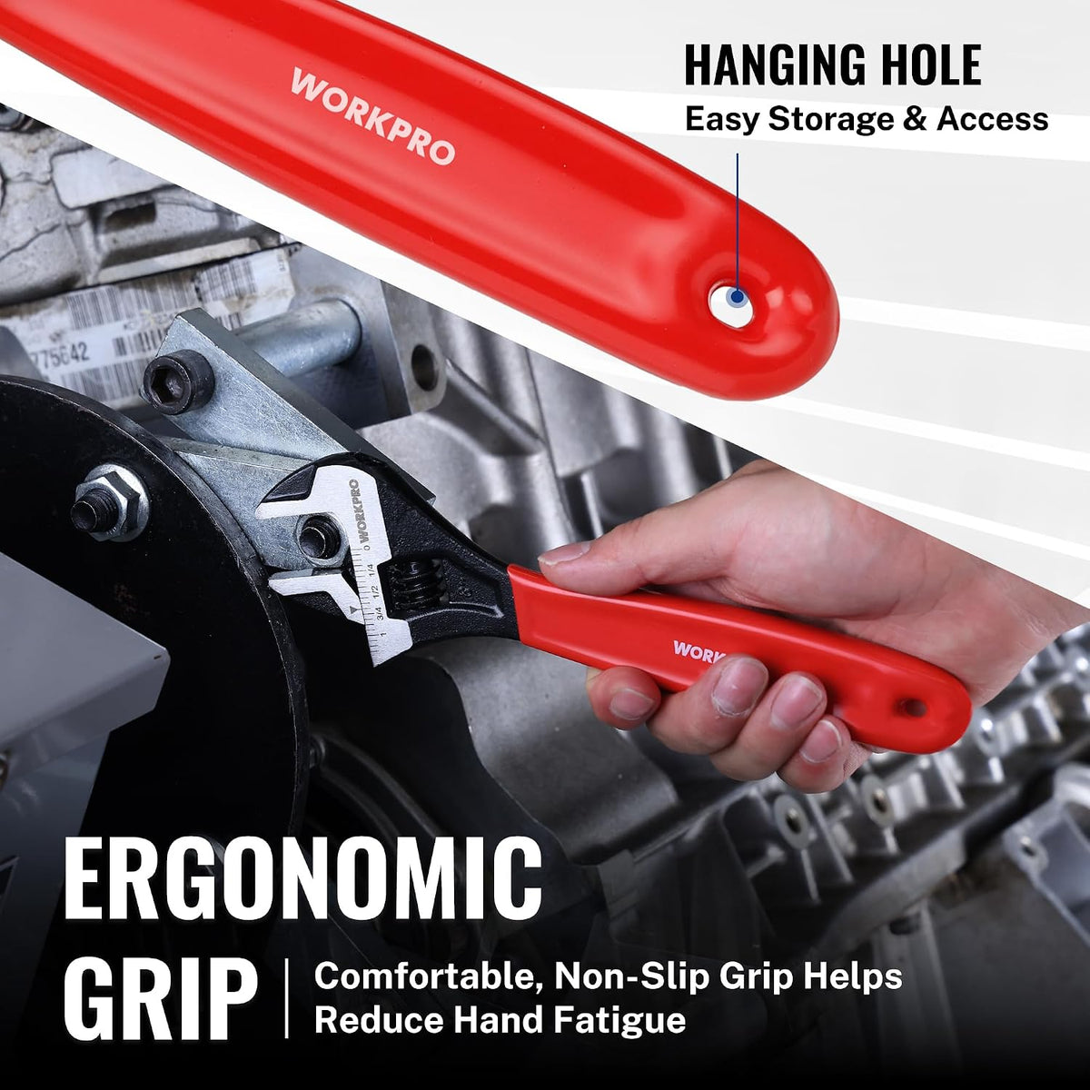 Workpro 8 inch adjustable wrench in red and black with ergonomic non-slip grip, hanging hole and garage use