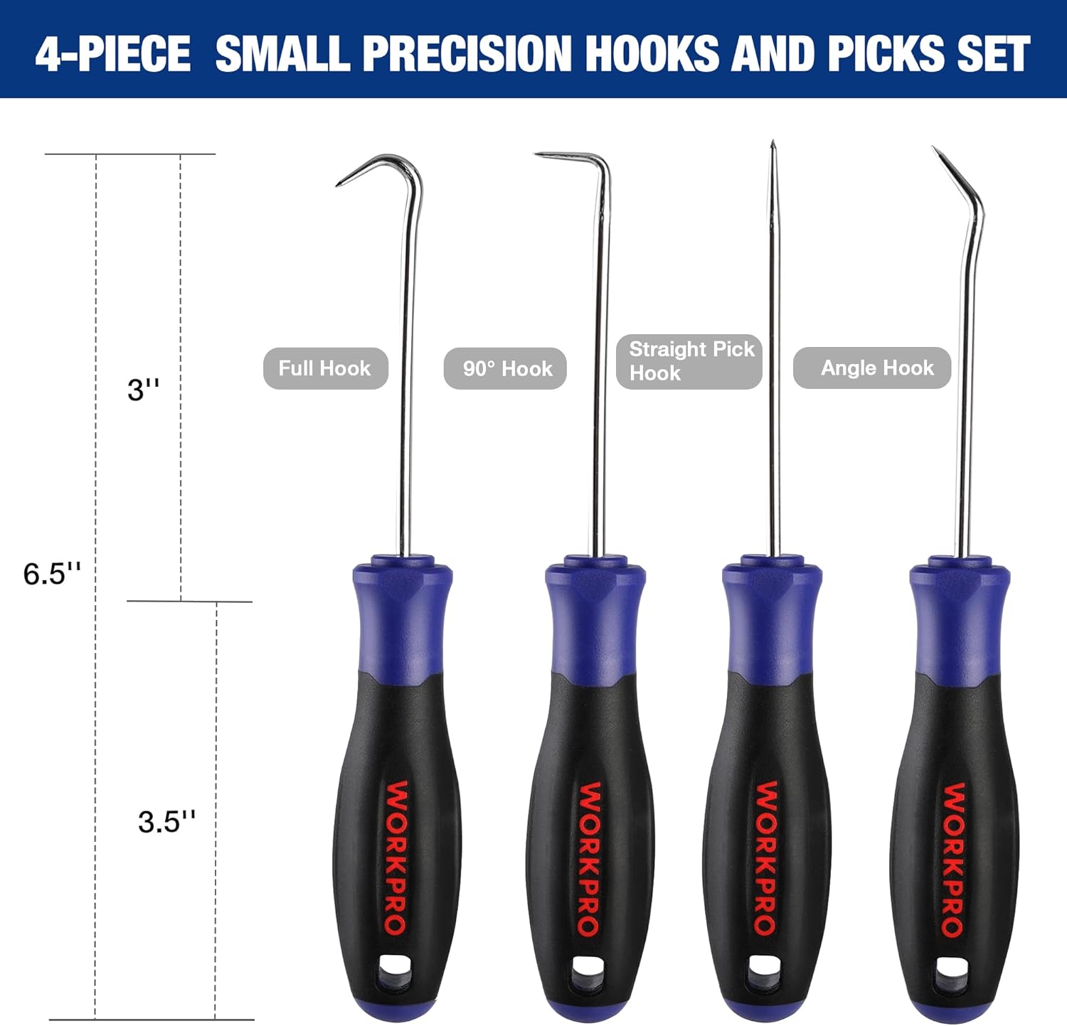 4-piece hooks and picks set with blue grips and curved chrome tips