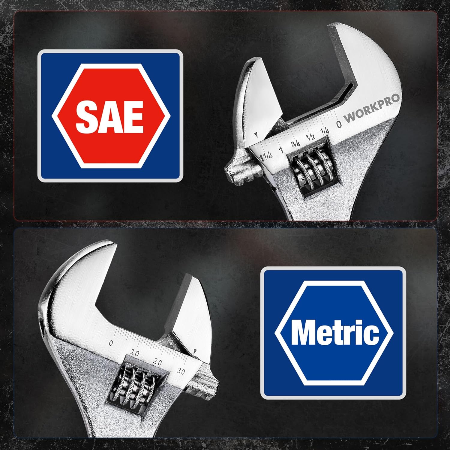 SAE and metric adjustable wrenches with knurled jaw for size adjustment