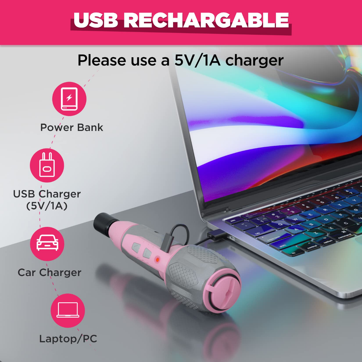 Pink USB rechargeable screwdriver with charging icons for power bank, car, and laptop