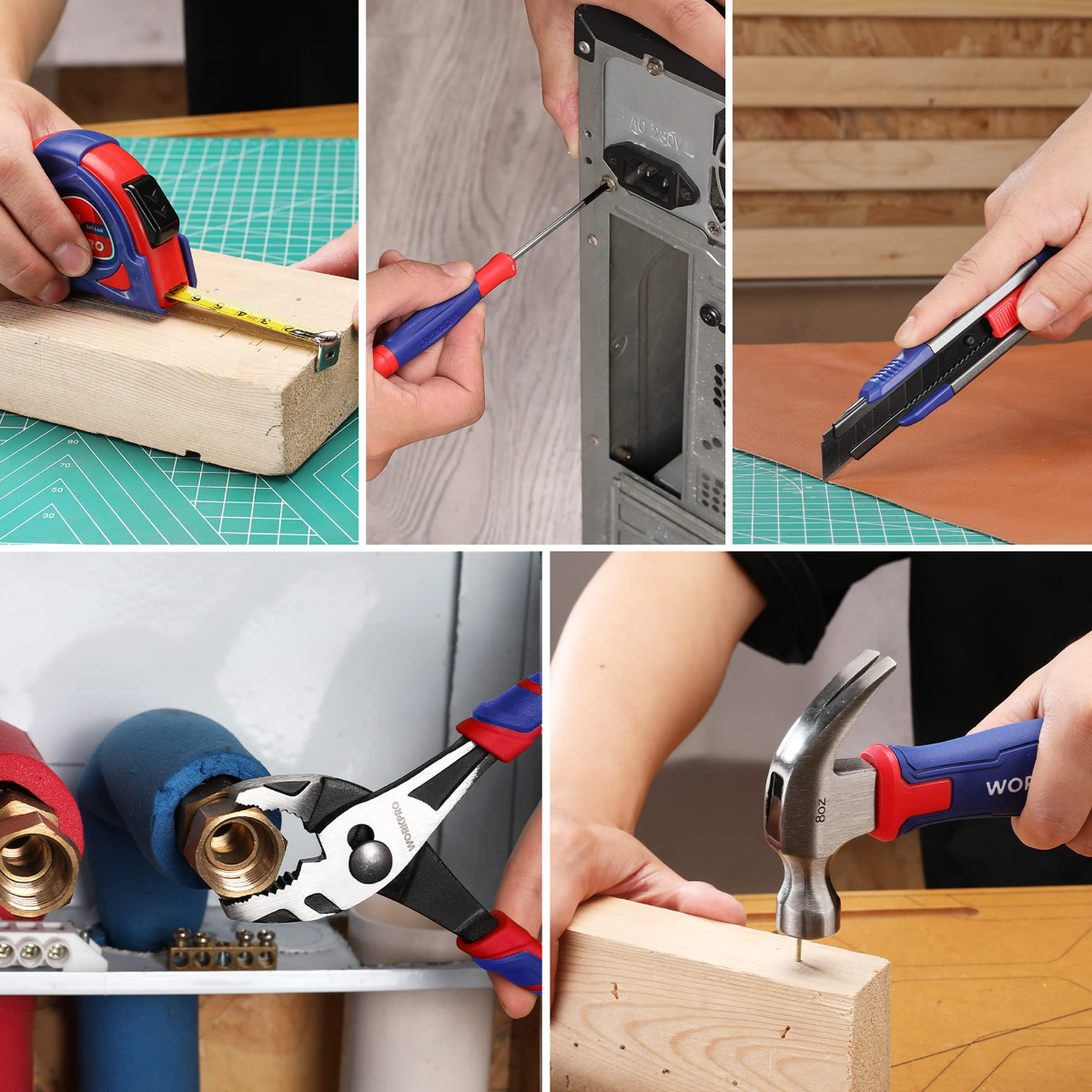 Pink and blue hand tools using a cordless driver on wood and metal hardware