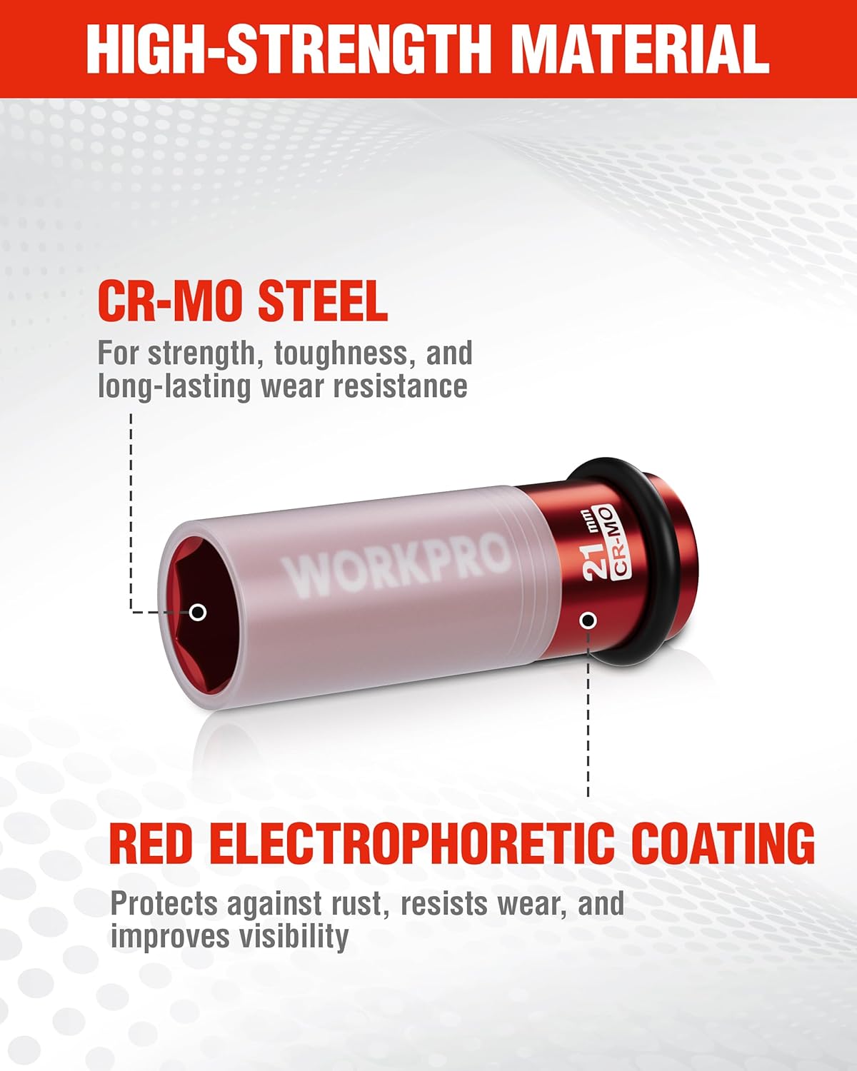 CR-Mo steel 21 mm lug nut socket with red electroplating coating, impact duty