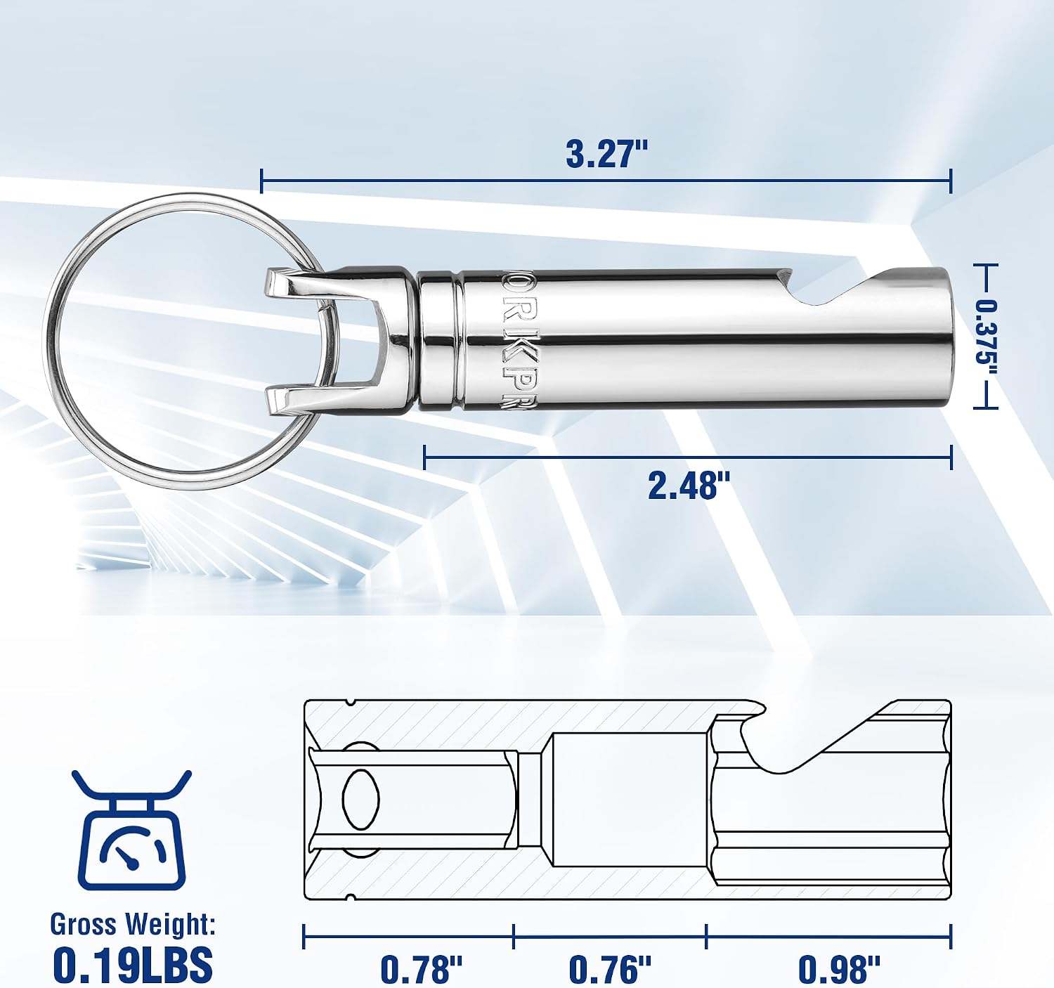 Chrome socket bottle opener key ring shown with measurement and size diagrams