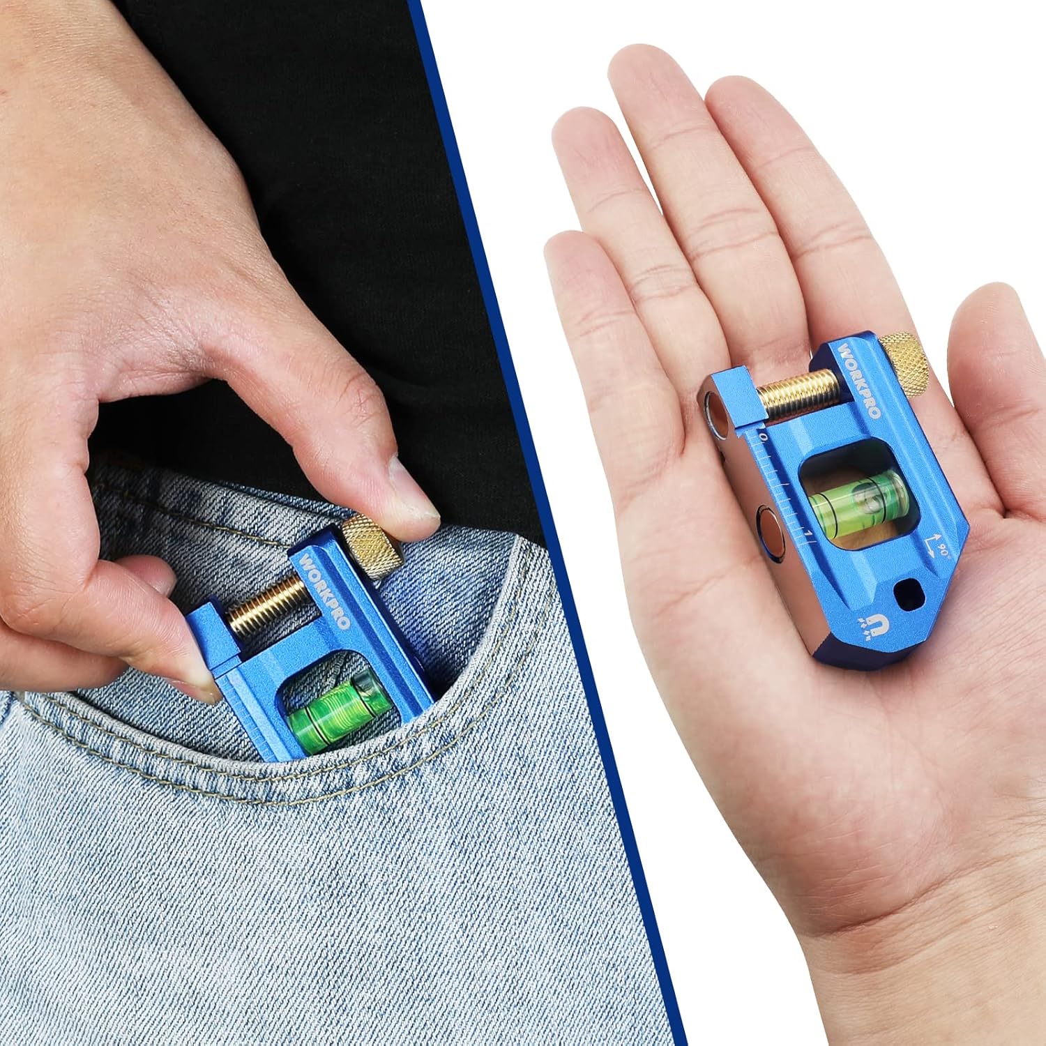 Cobalt blue conduit bending level shown in hand, green bubble vial and brass screw