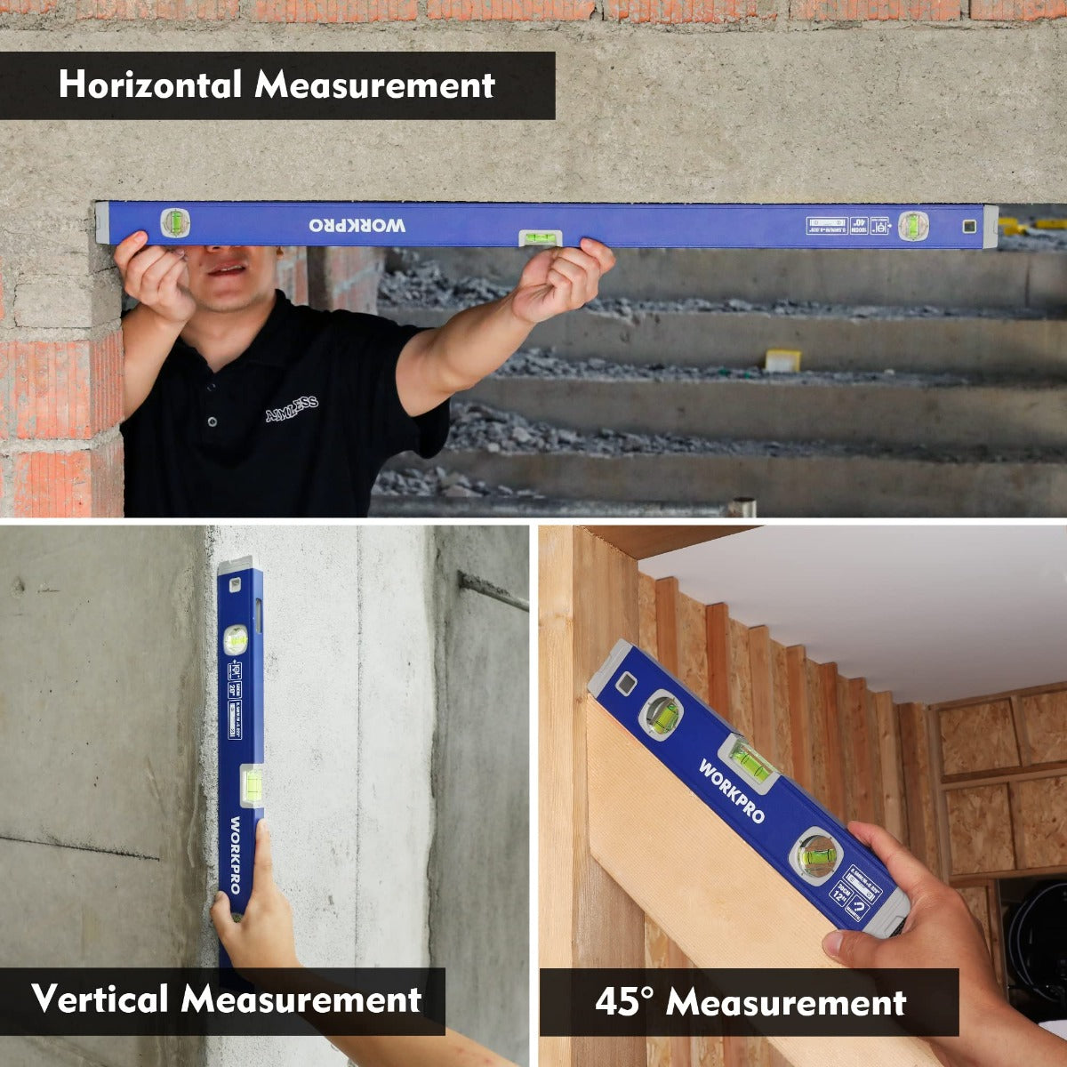 Blue spirit level set with green vials shown for horizontal and vertical measuring