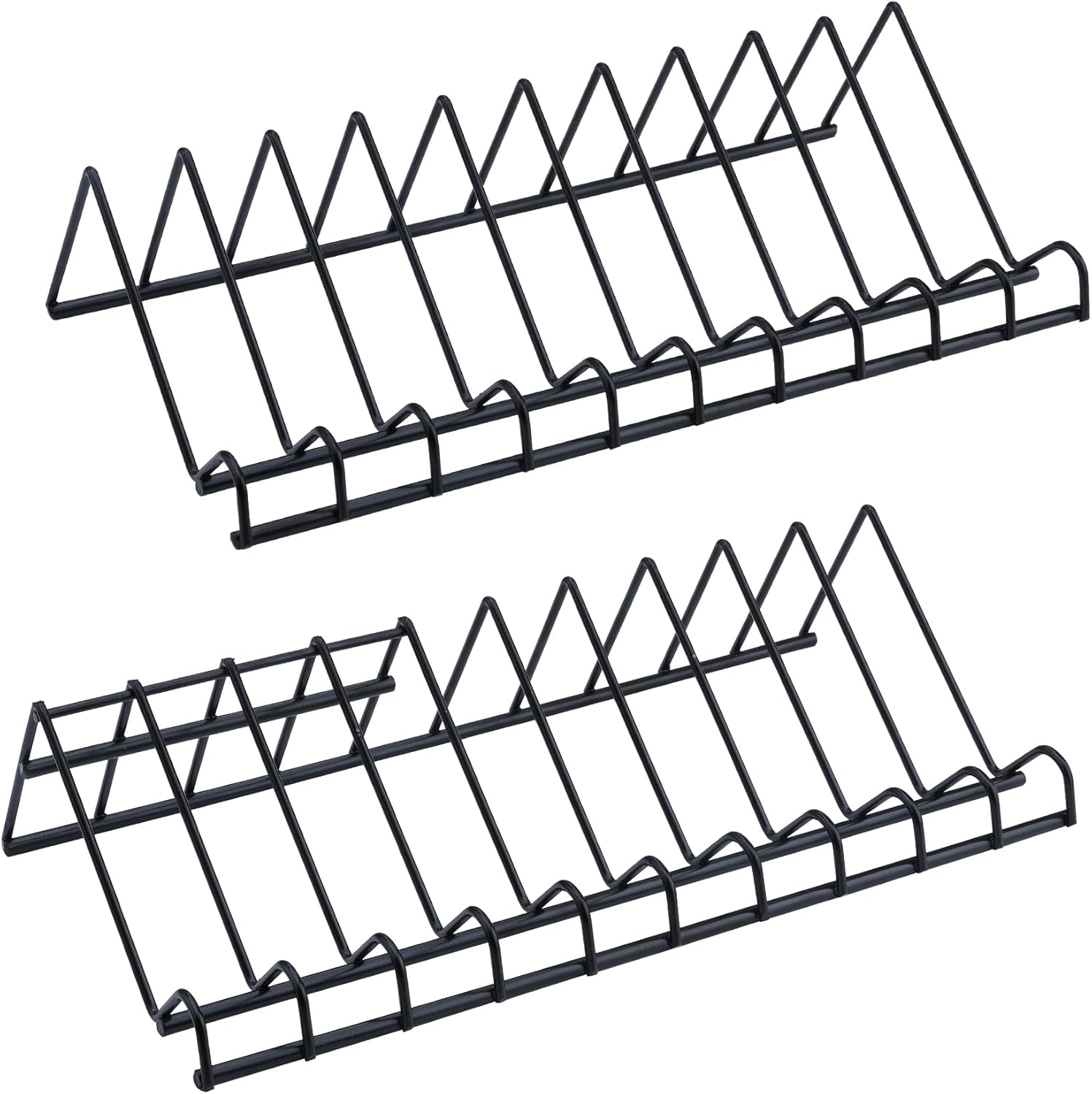 Black metal plier organizer rack with two levels of evenly spaced slots