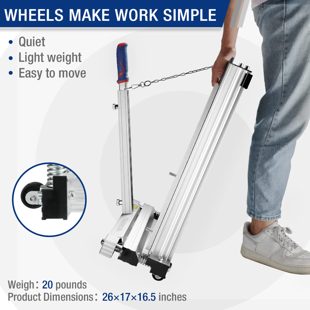 WORKPRO 13-inch laminate vinyl floor cutter with blue-and-red handle and black cutting bed