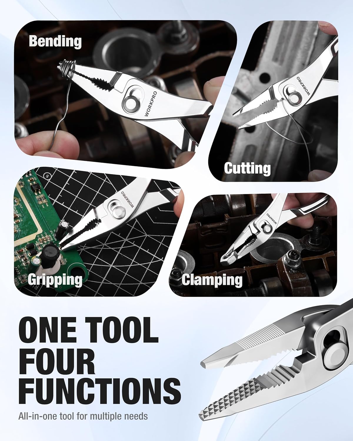 Mini pliers showing bending, cutting, gripping, and clamping functions