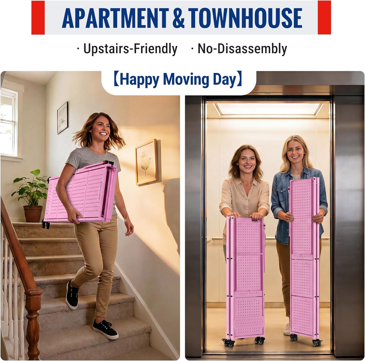 Pink folding metal storage shelf rack, compact upright with wheels for easy moving
