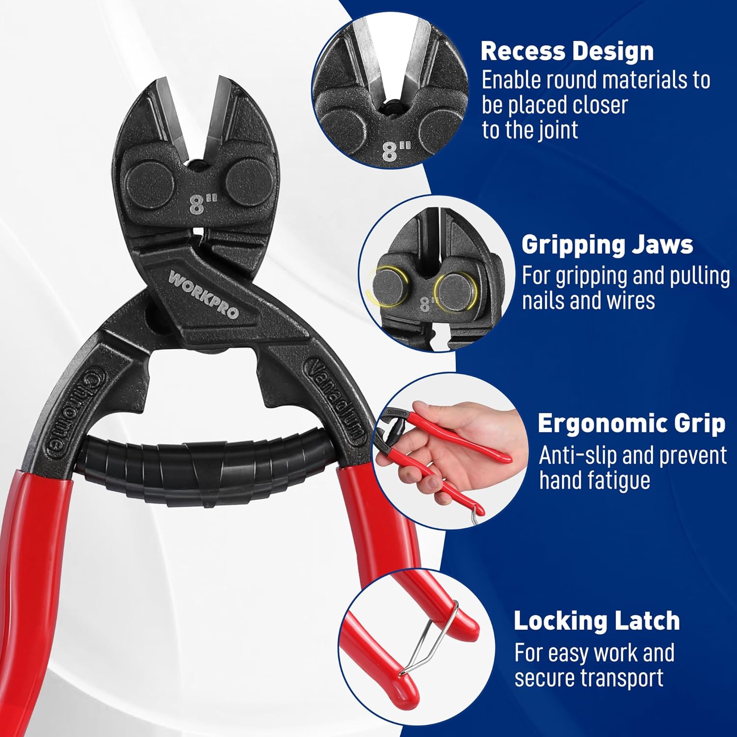 8-inch mini bolt cutter showing recessed jaws, anti-slip ergonomic red grip