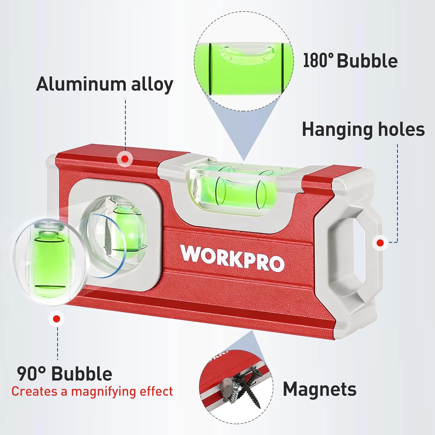 Red mini level tool with green bubbles, magnets, and hanging hole on aluminum body