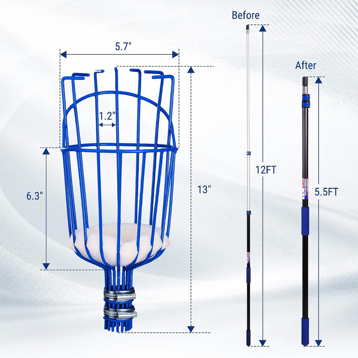 Workpro telescoping fruit picker tool with basket in blue, adjustable length from 5.5 to 12 feet with aluminum alloy pole.