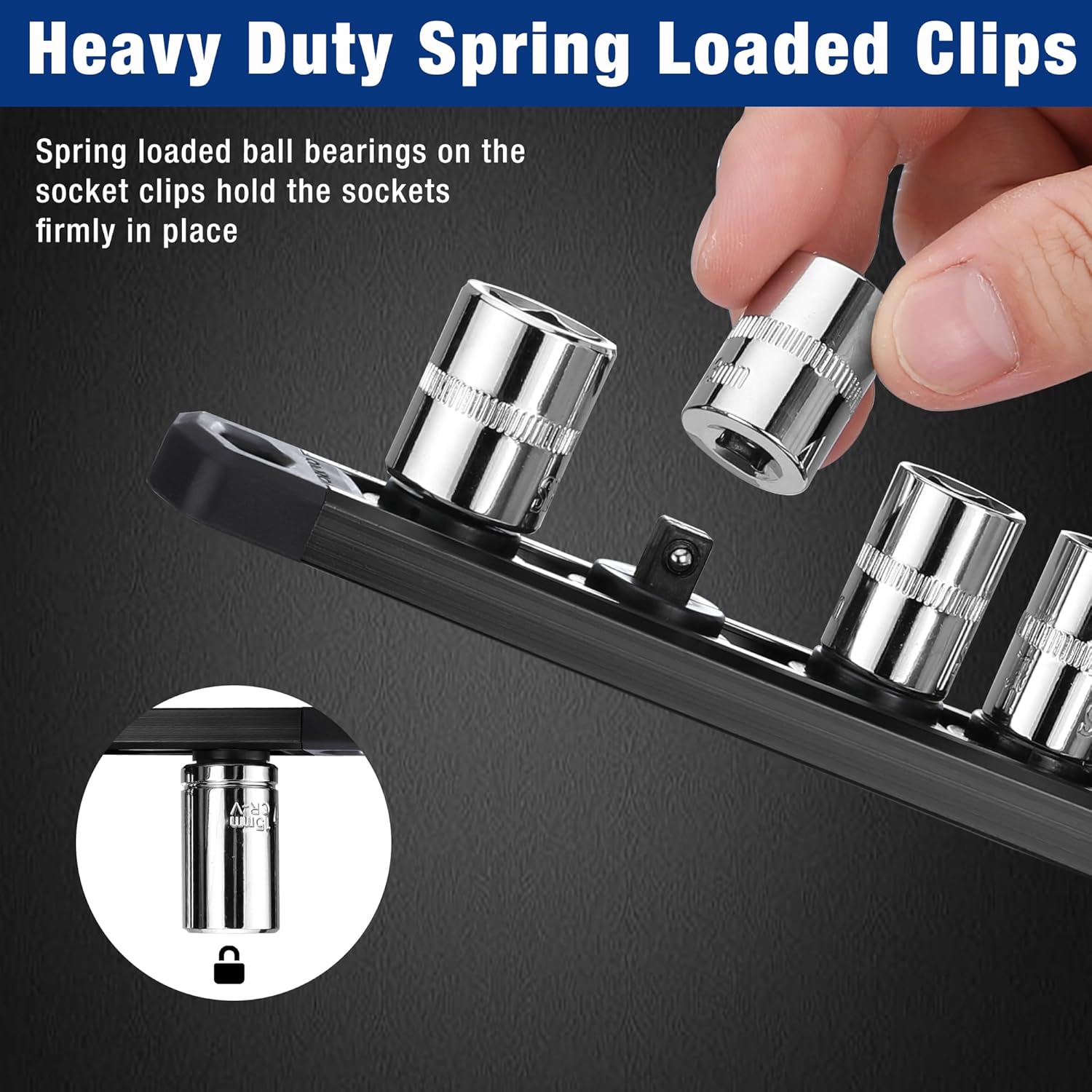 Black spring-loaded magnetic socket clips with ball-bearing socket holders