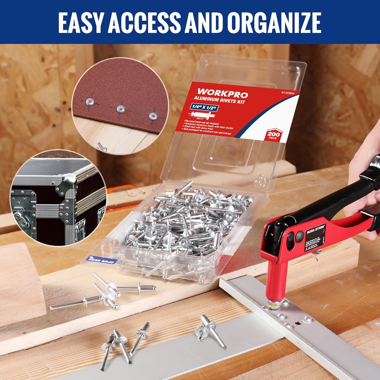 Aluminum blind rivets kit with clear plastic container and rivets, 200 count