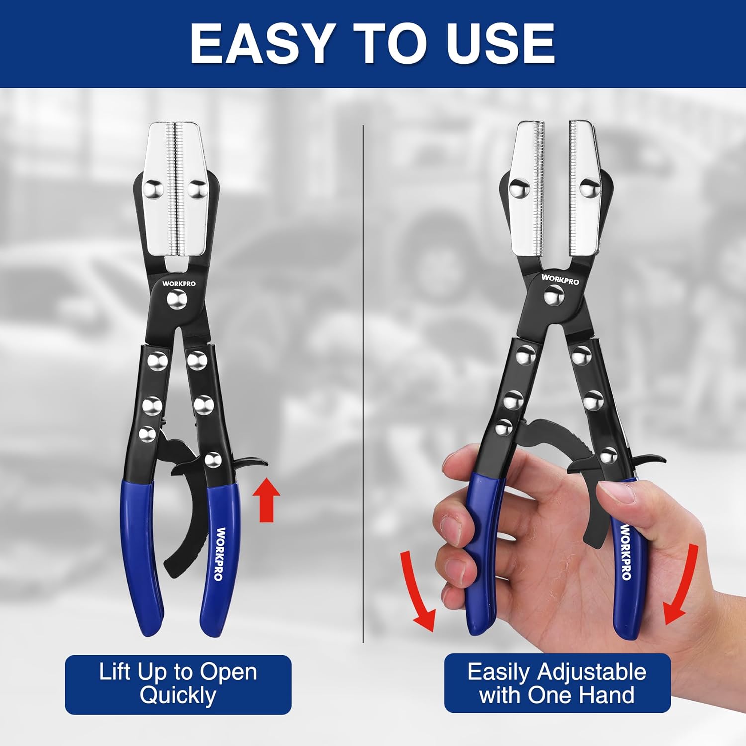 WORKPRO ratcheting hose pinch-off pliers, adjustable locking handles with blue grips
