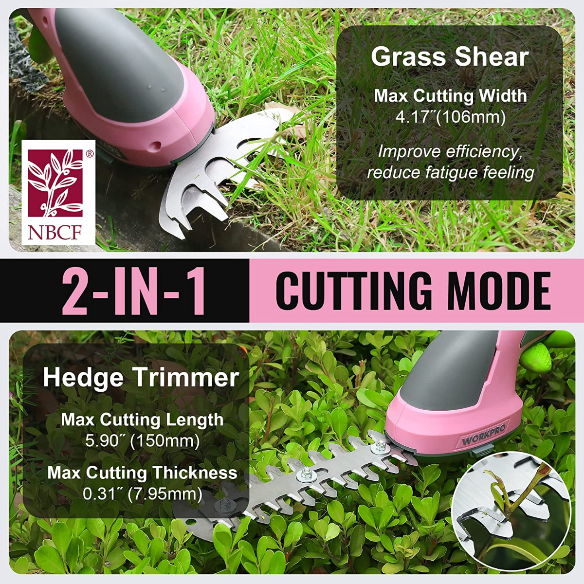 2-in-1 handheld trimmer in pink and dark gray with grass shear and hedge blades