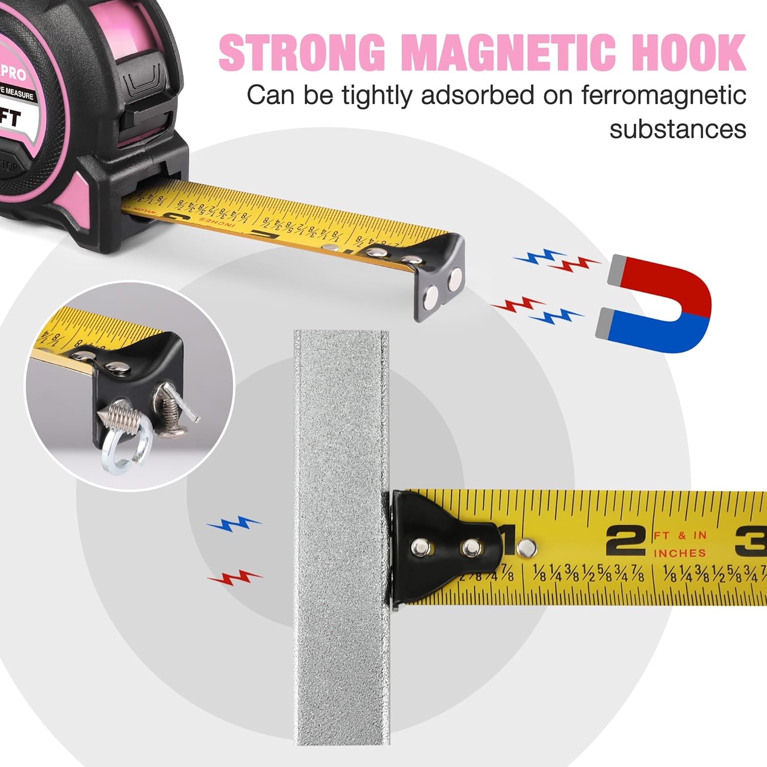WORKPRO tape measure with strong magnetic hook and yellow blade with inch markings