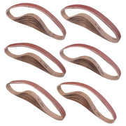 Set of maroon sanding belts with stamped grit numbers for belt sander use