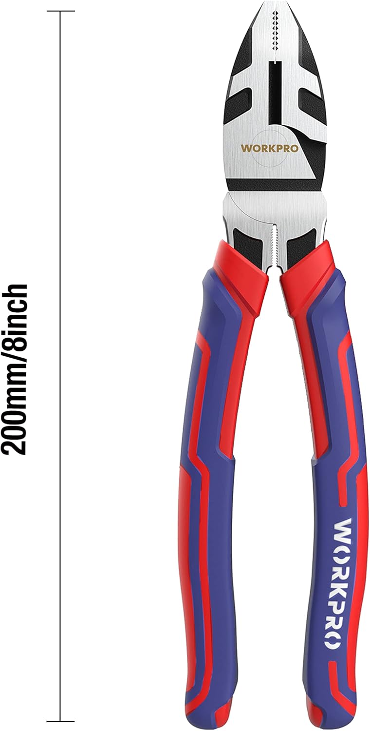 8-inch linesman pliers with red and blue insulated handles and cutting jaws