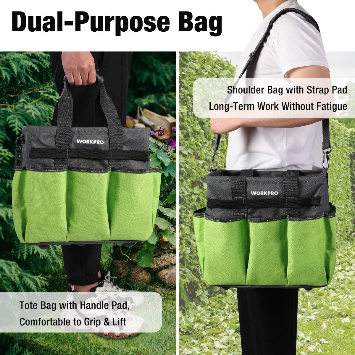 Green and black garden tote bag with handle pad, shoulder strap, and organized side compartments