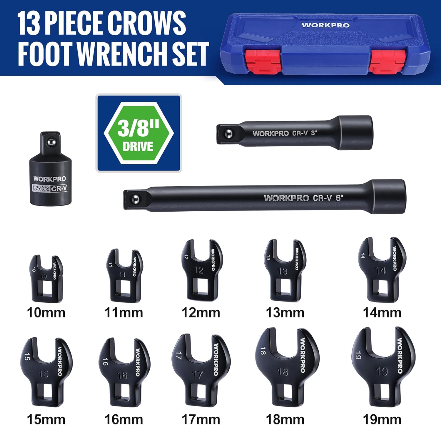 13-piece metric crowfoot wrench set with 3/8 drive extensions and 10–19mm sizes