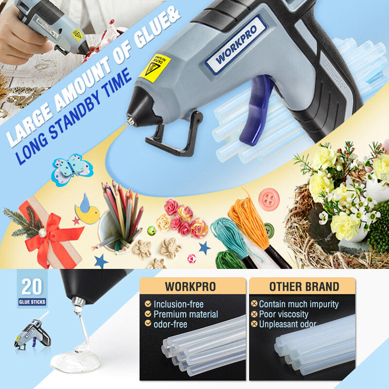 WORKPRO cordless hot glue gun in silver and black with 2 minute preheat time, innovation and quality