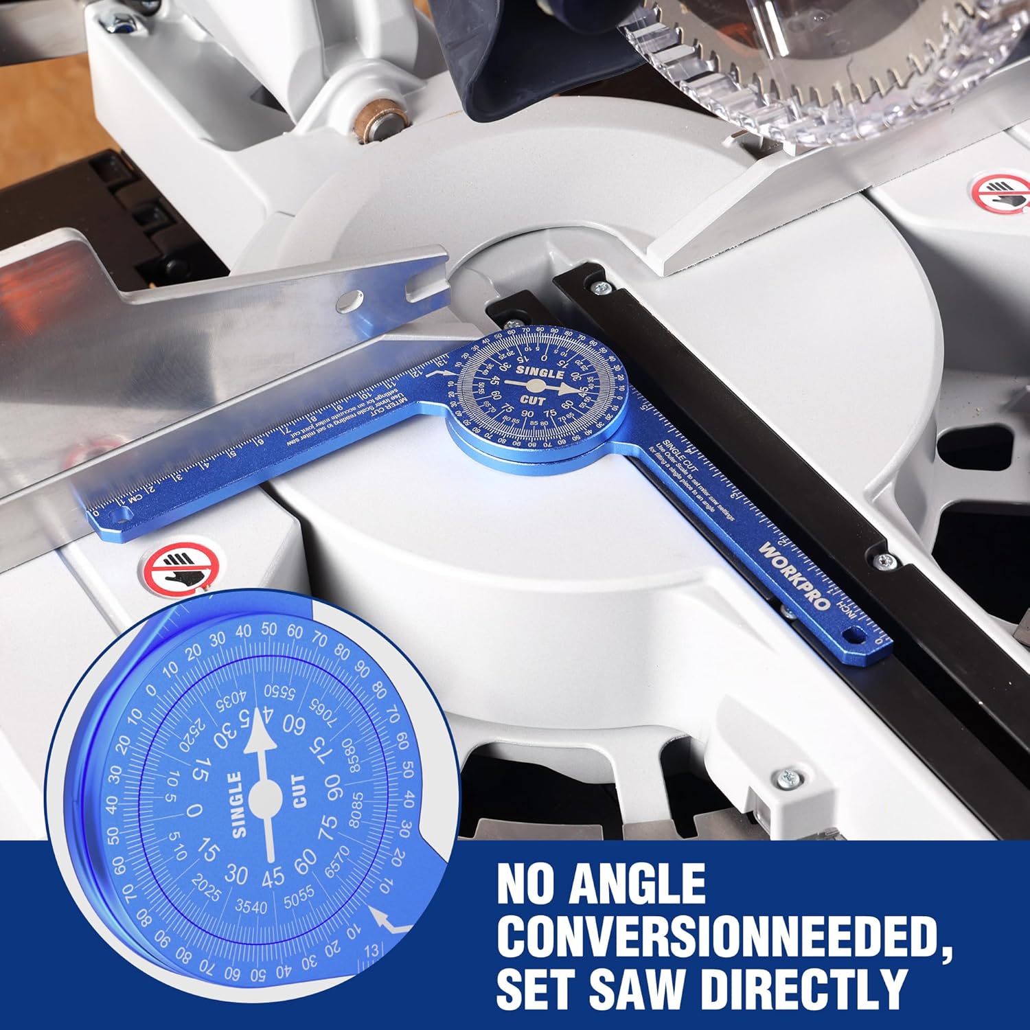 Blue miter saw protractor tool with dual angle scales on a miter saw deck