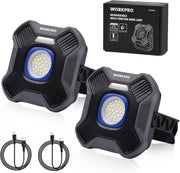 Portable LED work light, black housing with blue ring and bright circular lens, two-pack