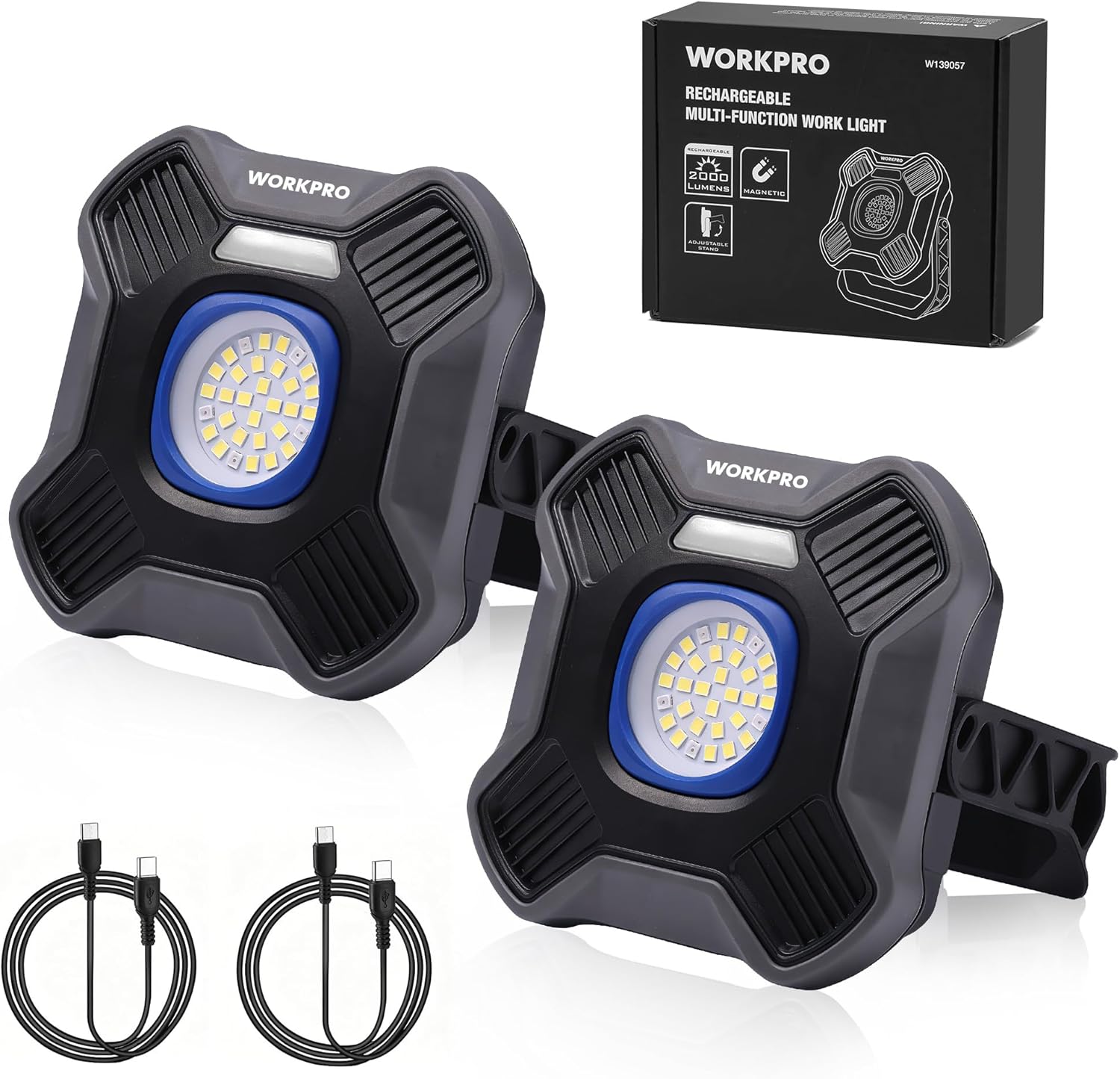 Portable LED work light, black housing with blue ring and bright circular lens, two-pack