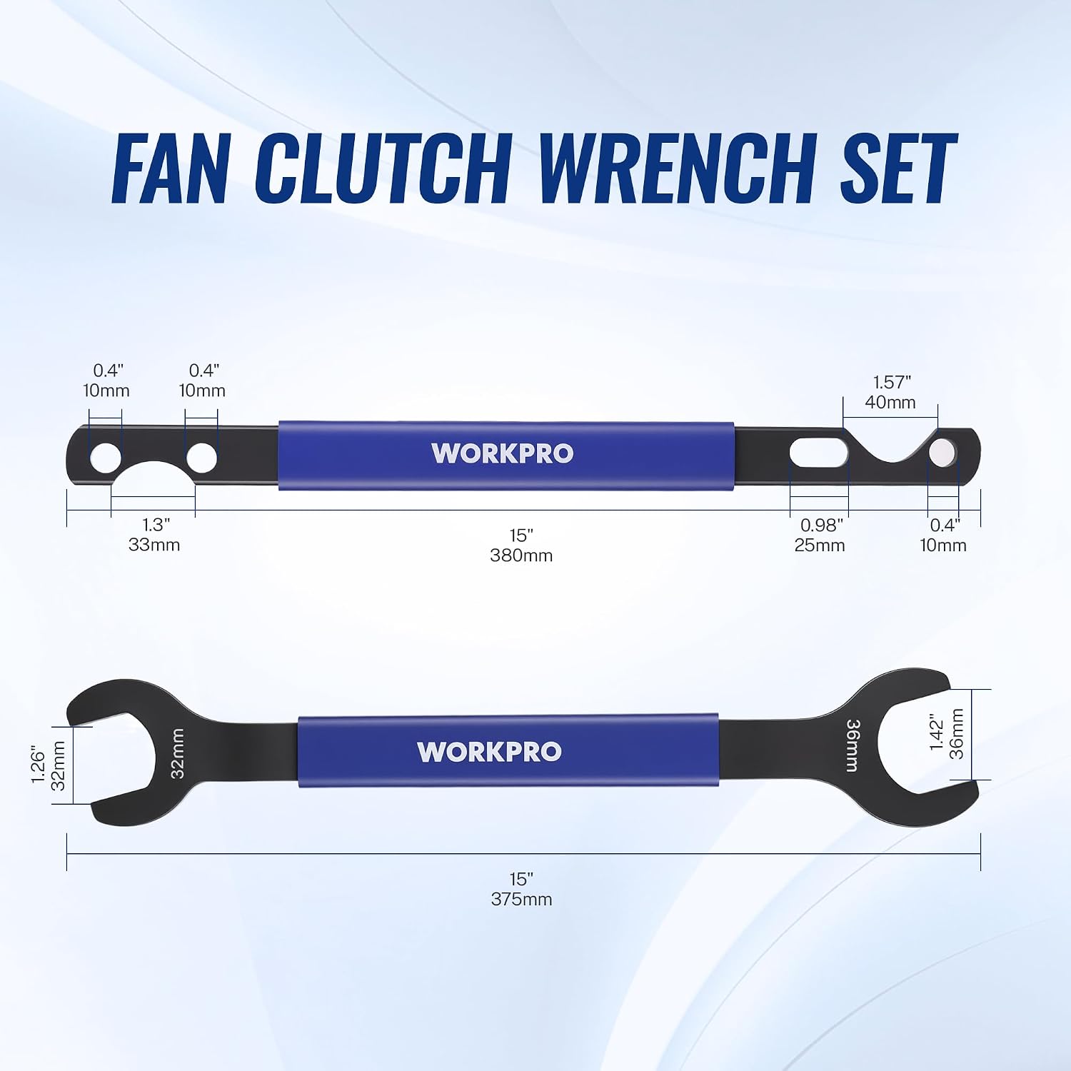 Fan clutch wrench set size diagram with two blue bars and black jaw ends