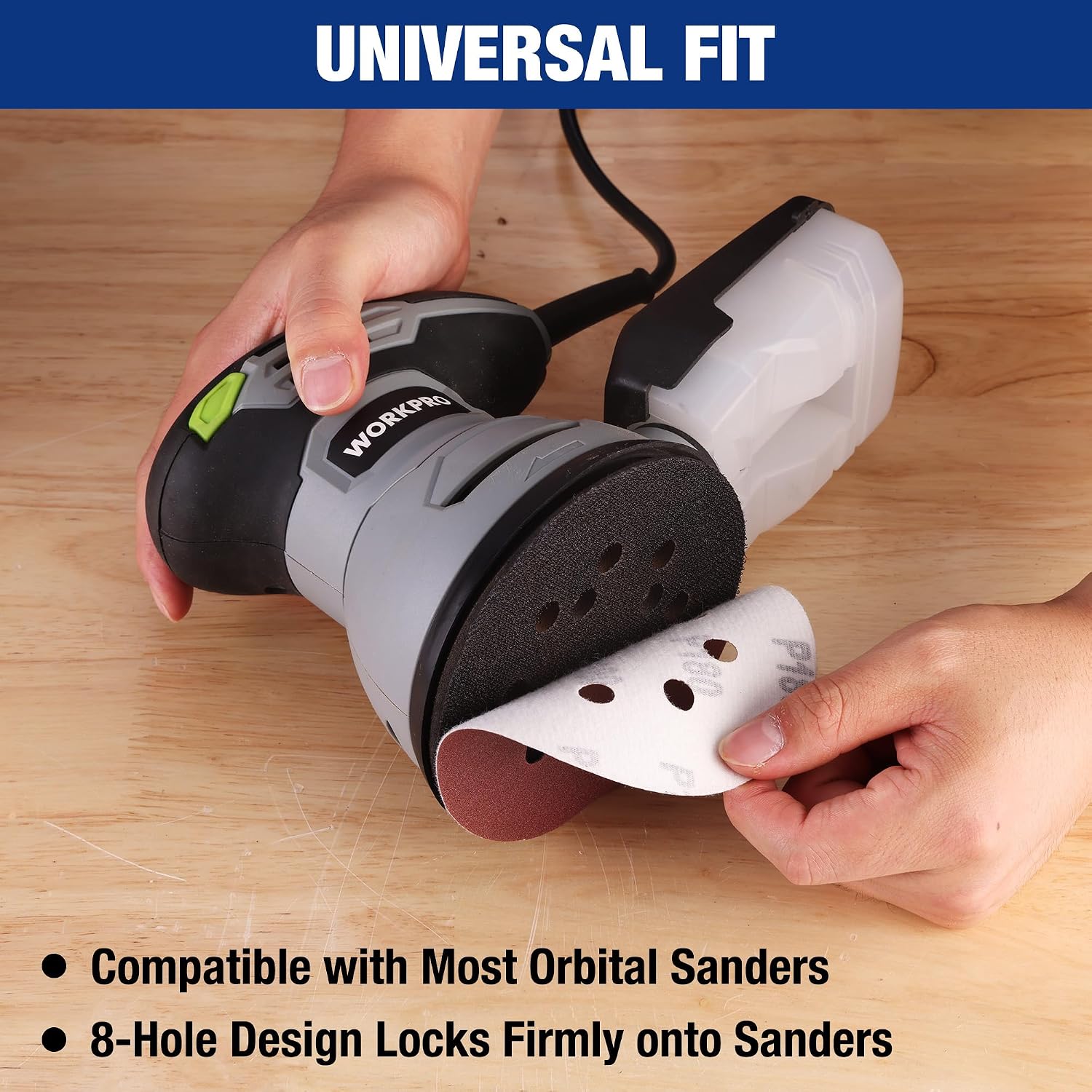 Maroon 8-hole sanding disc attached to an orbital sander head