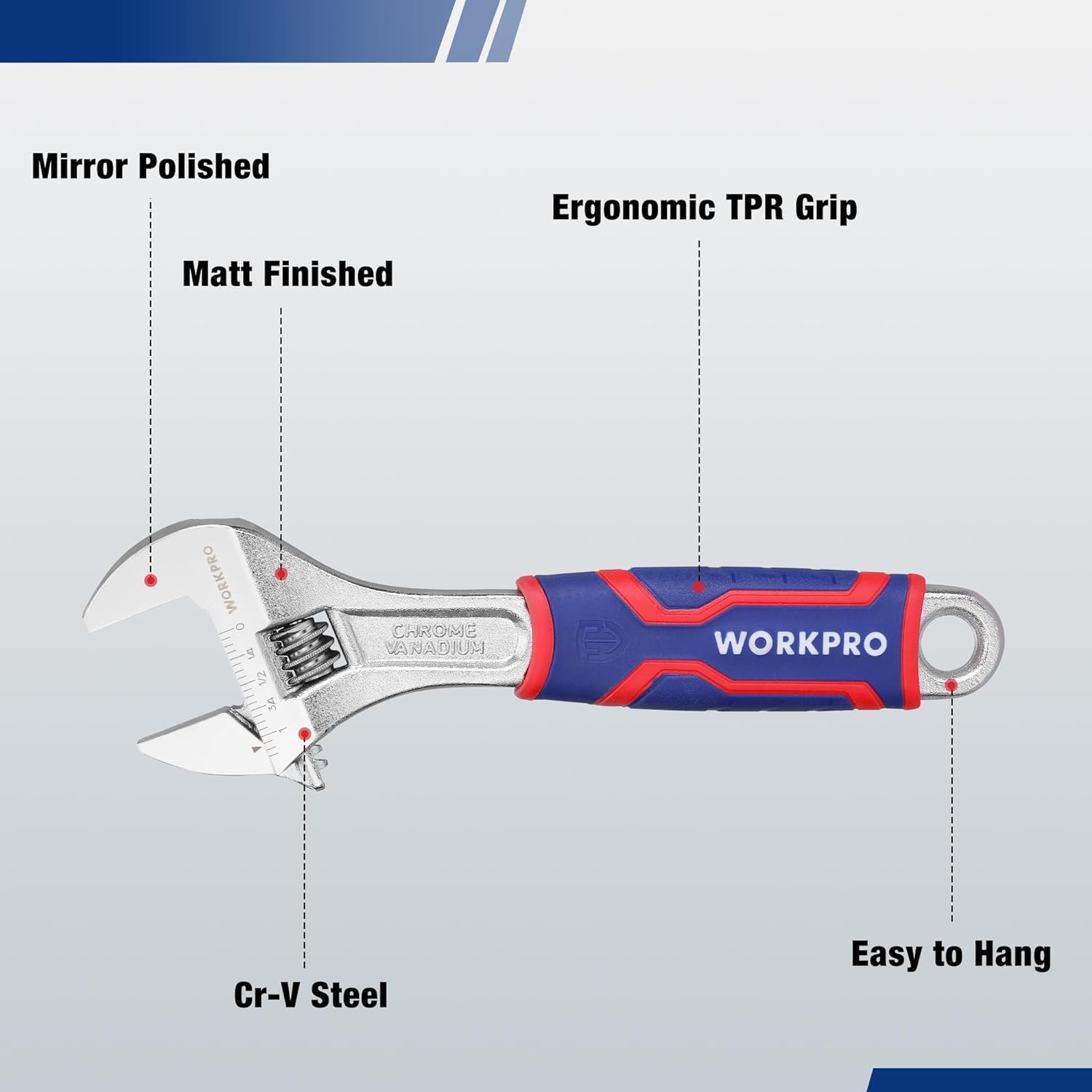 Chrome adjustable wrench with blue/red anti-slip grip and wide jaw head