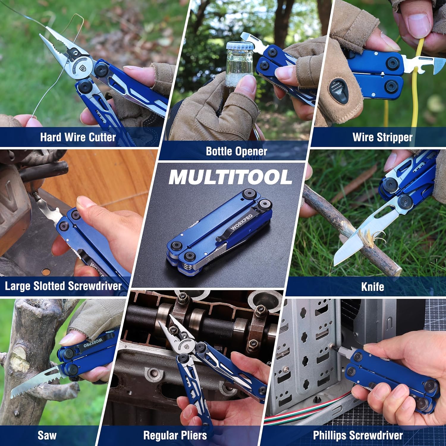 Blue multitool features: hard wire cutter, bottle opener, wire stripper, screwdrivers, saw