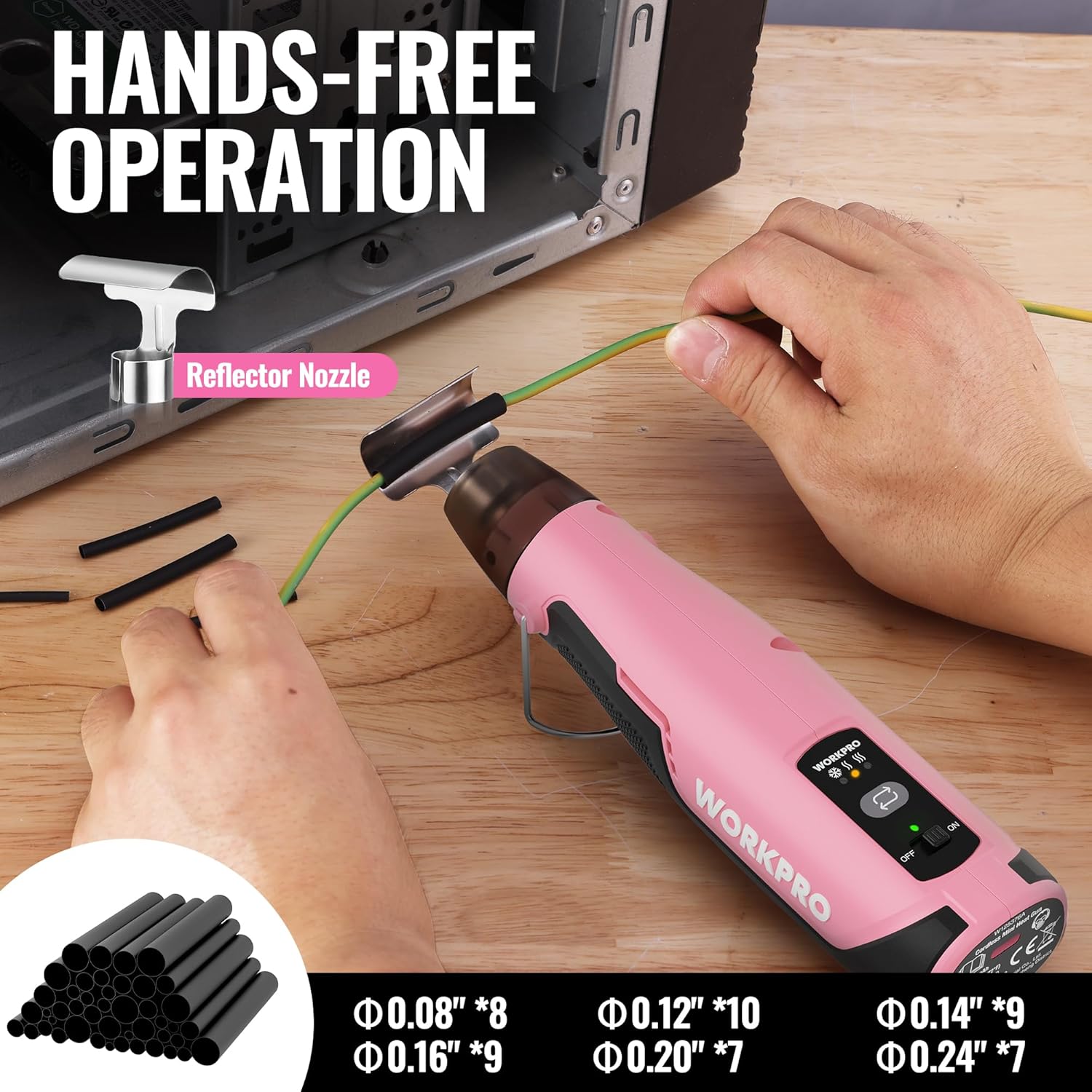 Pink mini heat gun on a work surface with fold-out stand and hands-free operation