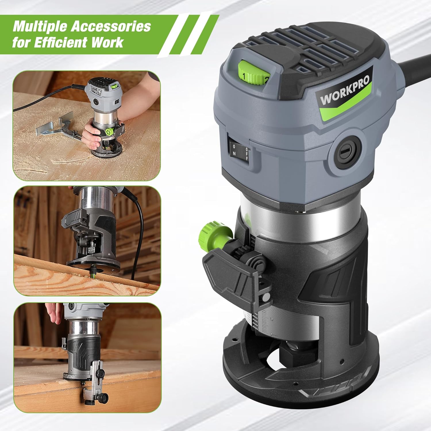 Compact WORKPRO router with green dial, shown with multiple included accessory attachments