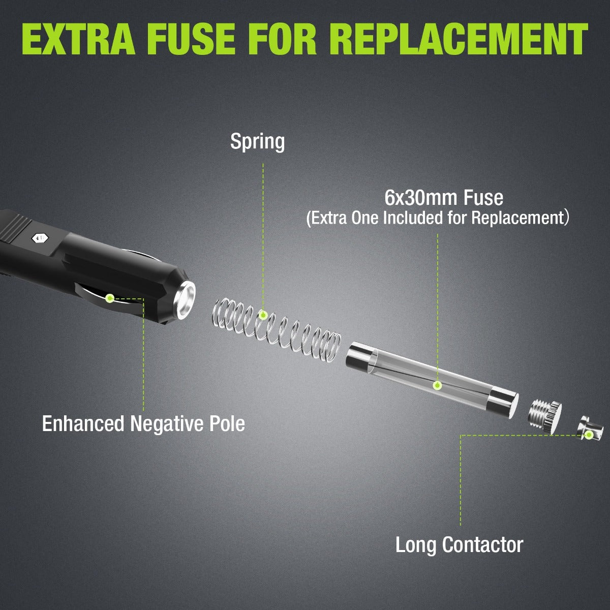 Portable tire inflator internal fuse and connector spring diagram with long contactor