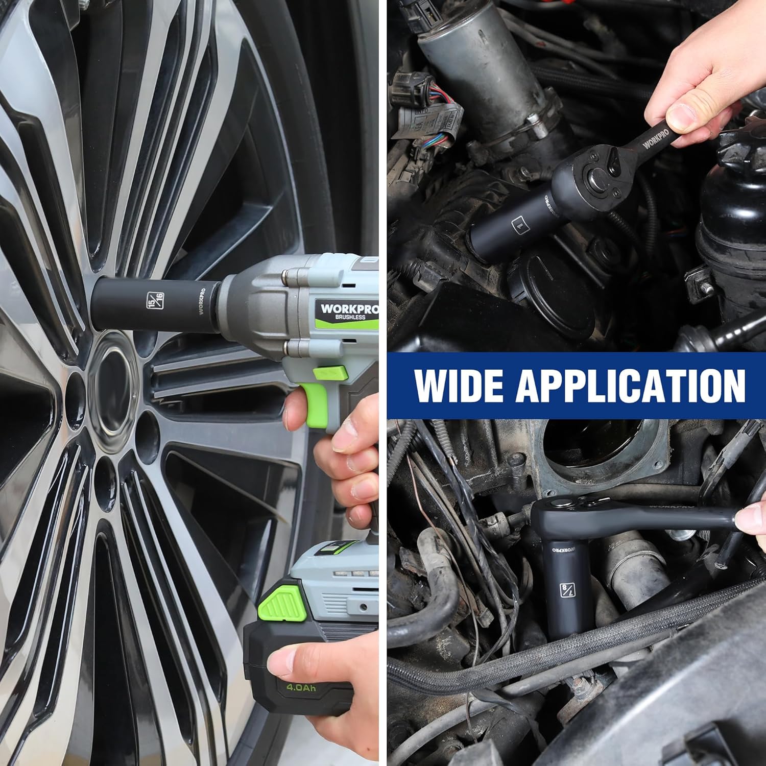 Deep impact sockets applied on vehicle wheel and engine components, black sockets