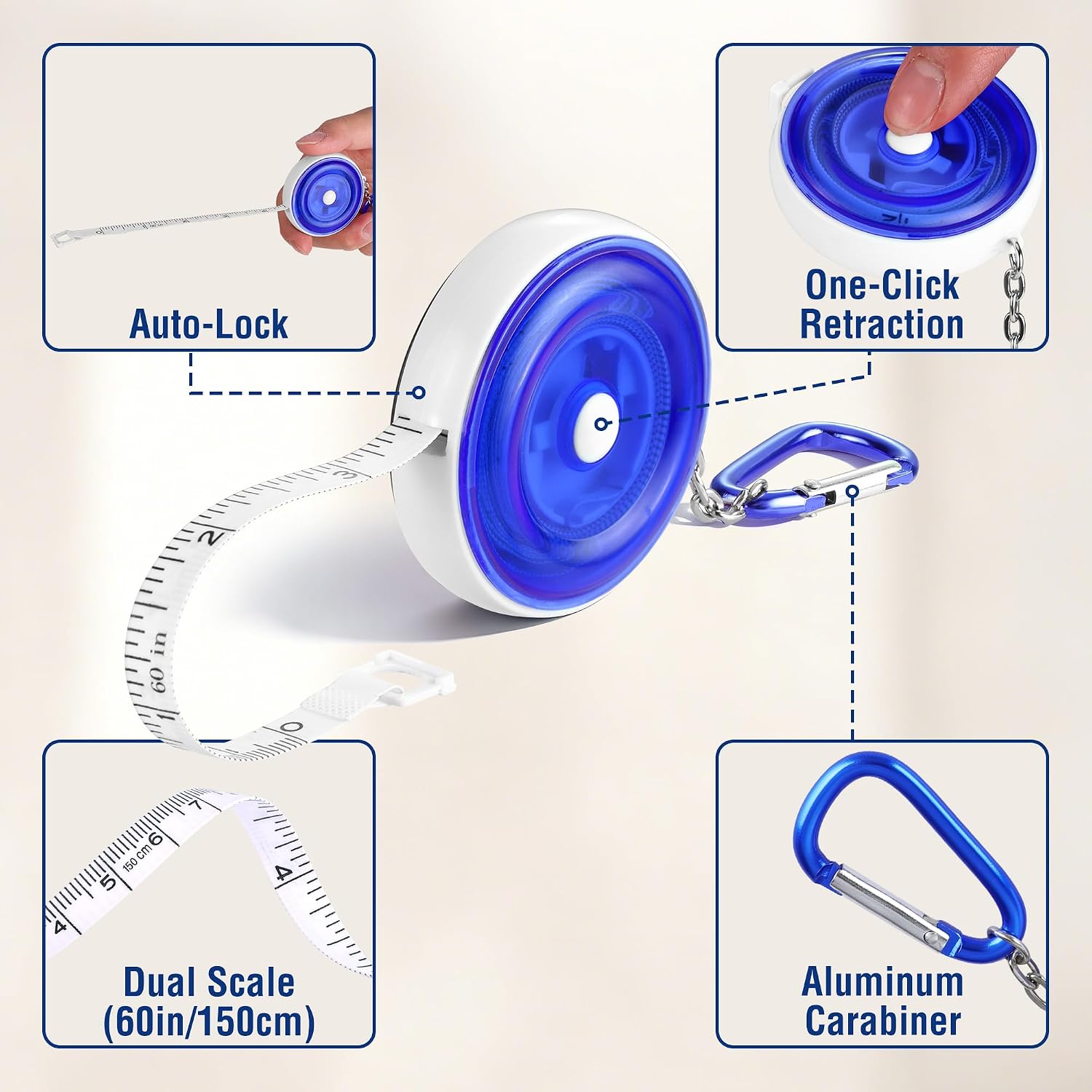 Blue retractable tape measure with dual scales and aluminum carabiner clip