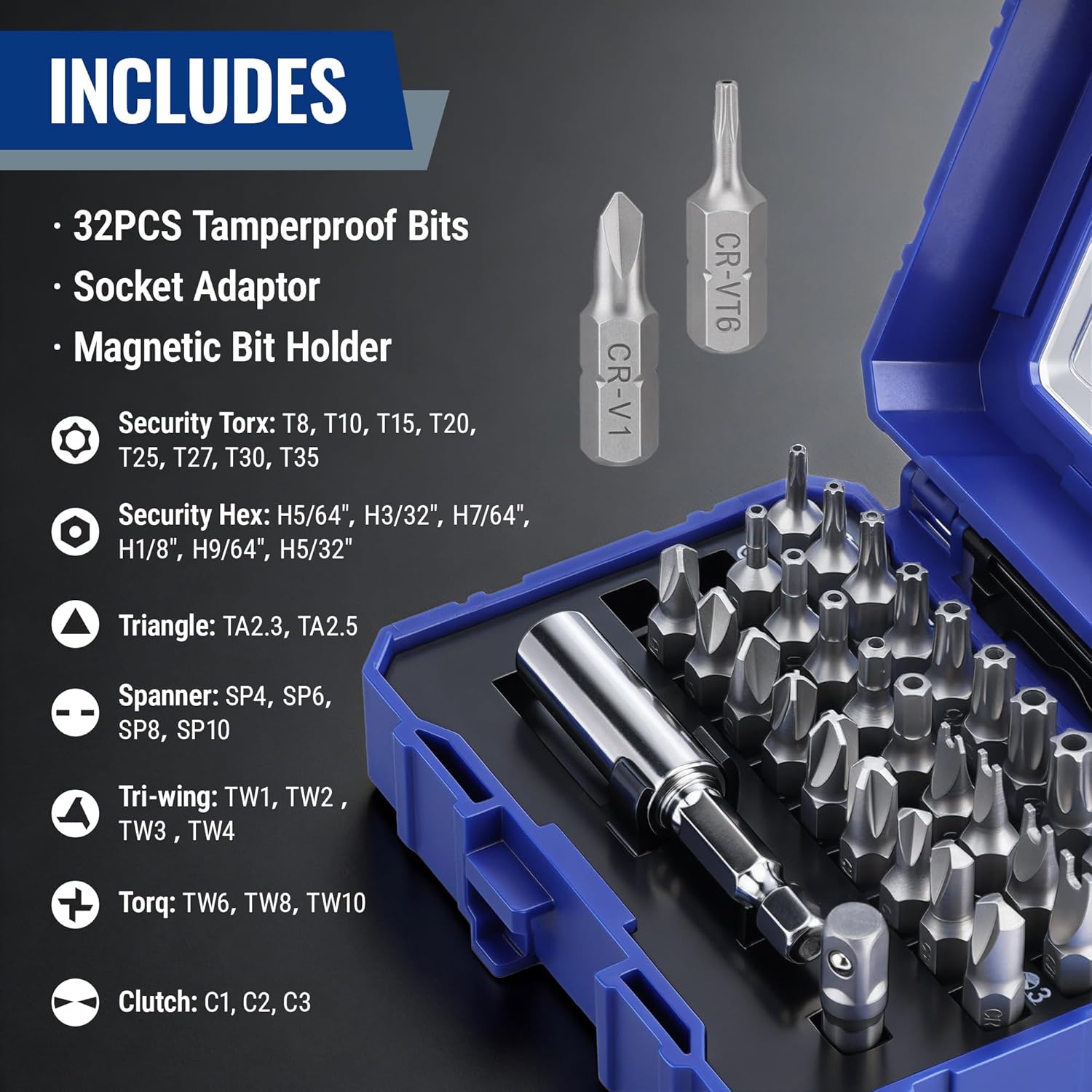 Tamper-proof screwdriver bits and 1/4 in socket adaptor with magnetic bit holder in case