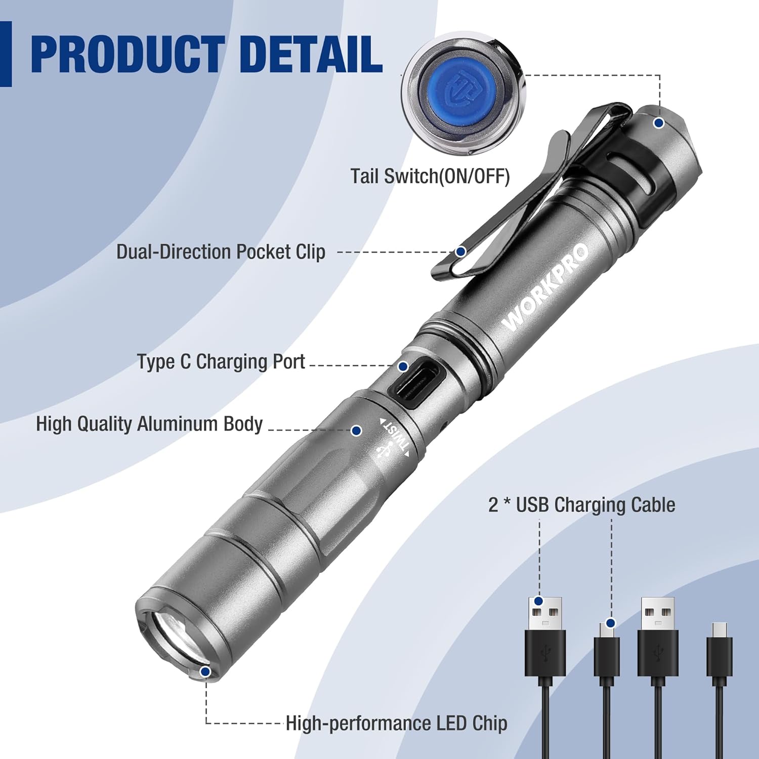 Gray rechargeable pen light with tail switch, USB-C charging port, and cables