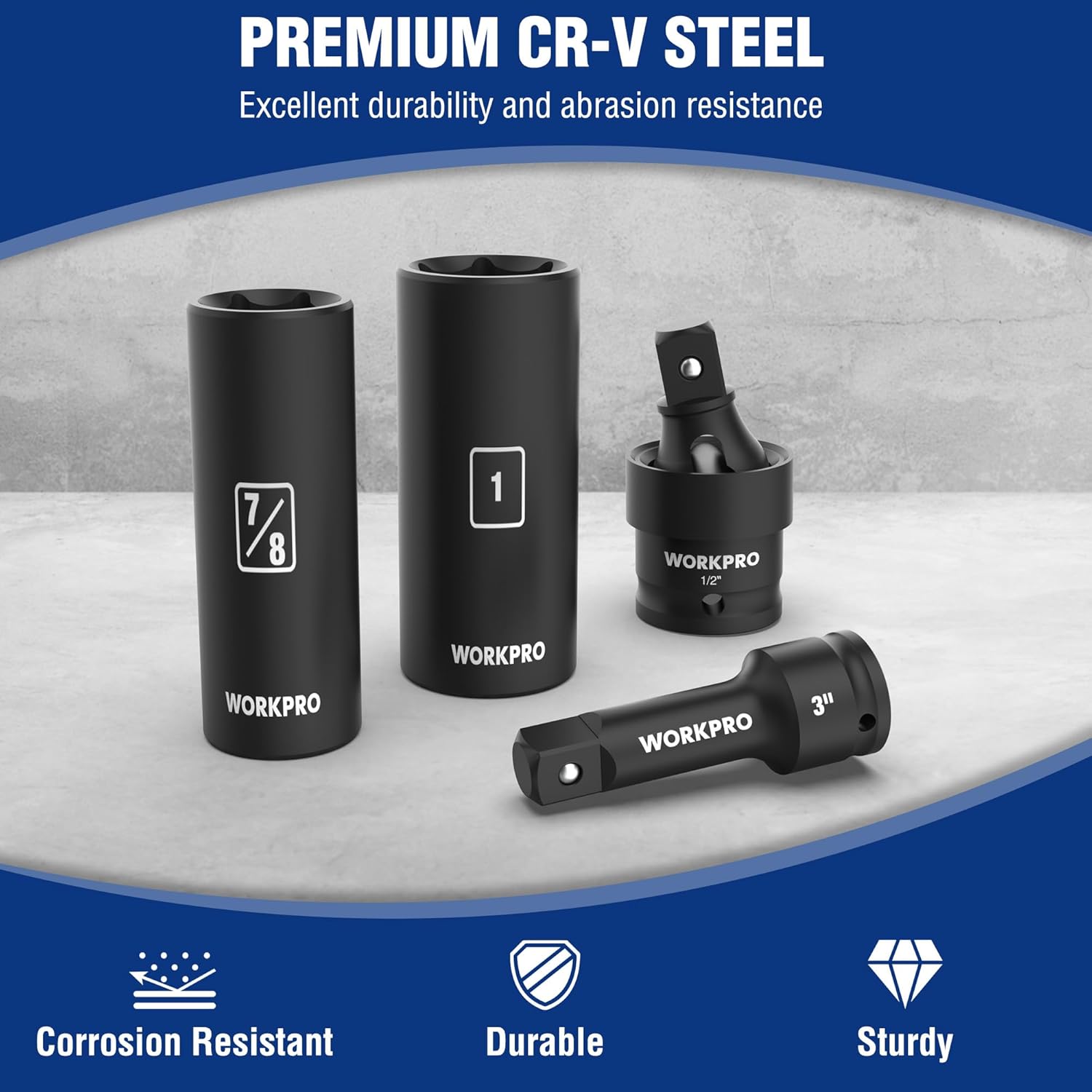 WORKPRO Cr-V steel impact sockets in black with stamped sizes and swivel adapter