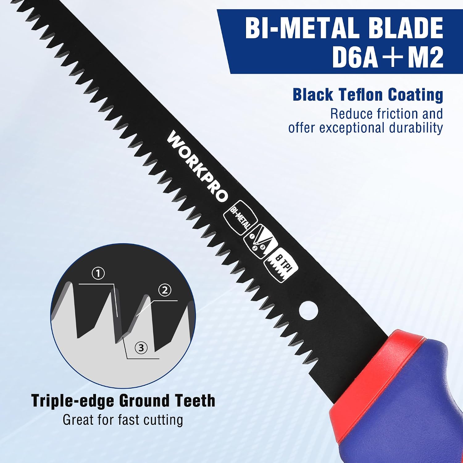 Black bi-metal drywall saw blade with serrated teeth and blue/red handle
