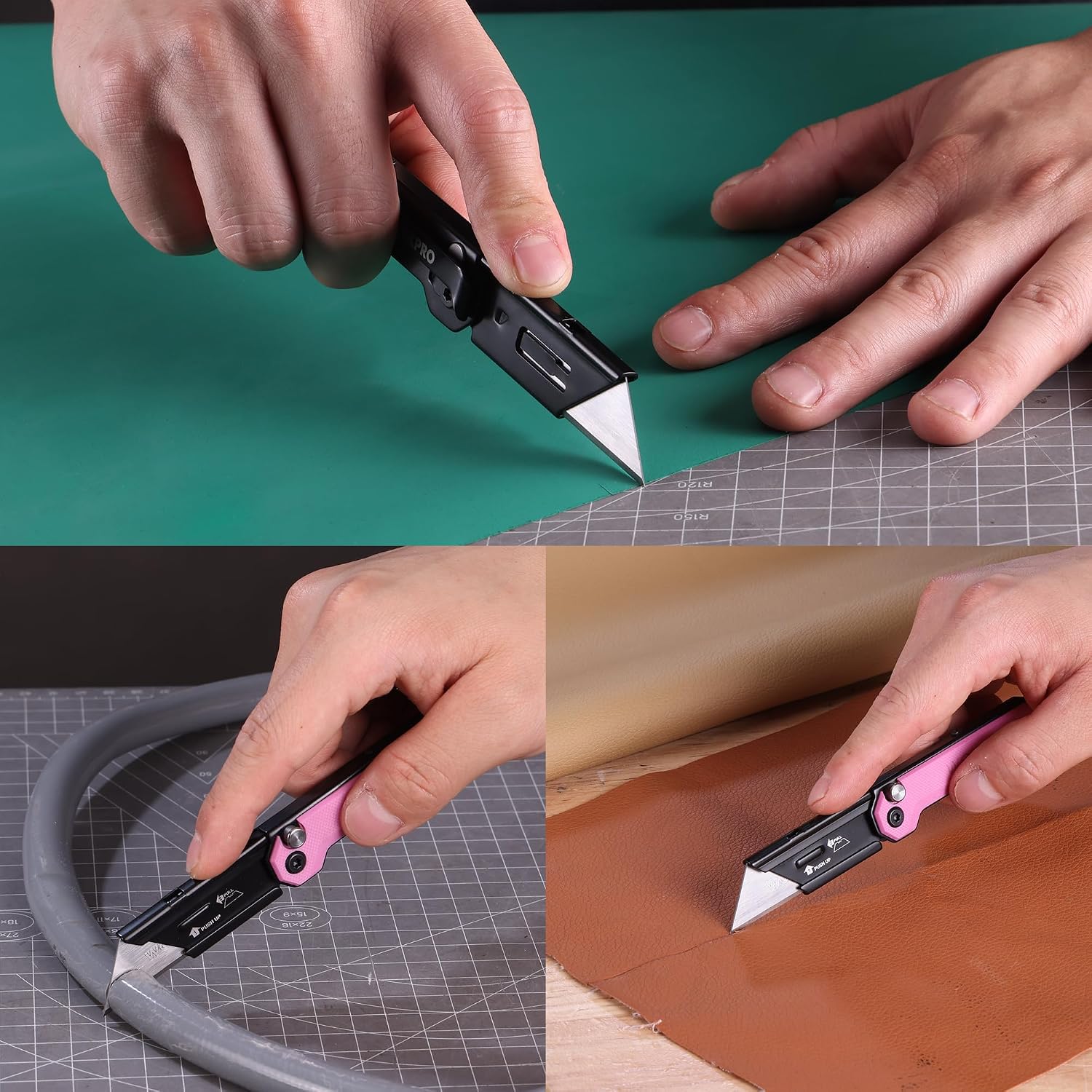 Pink folding utility knife cutting cardboard on a work surface.